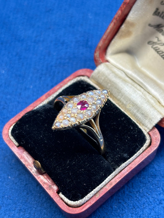 Antique ruby & seed pearl 18ct gold ring